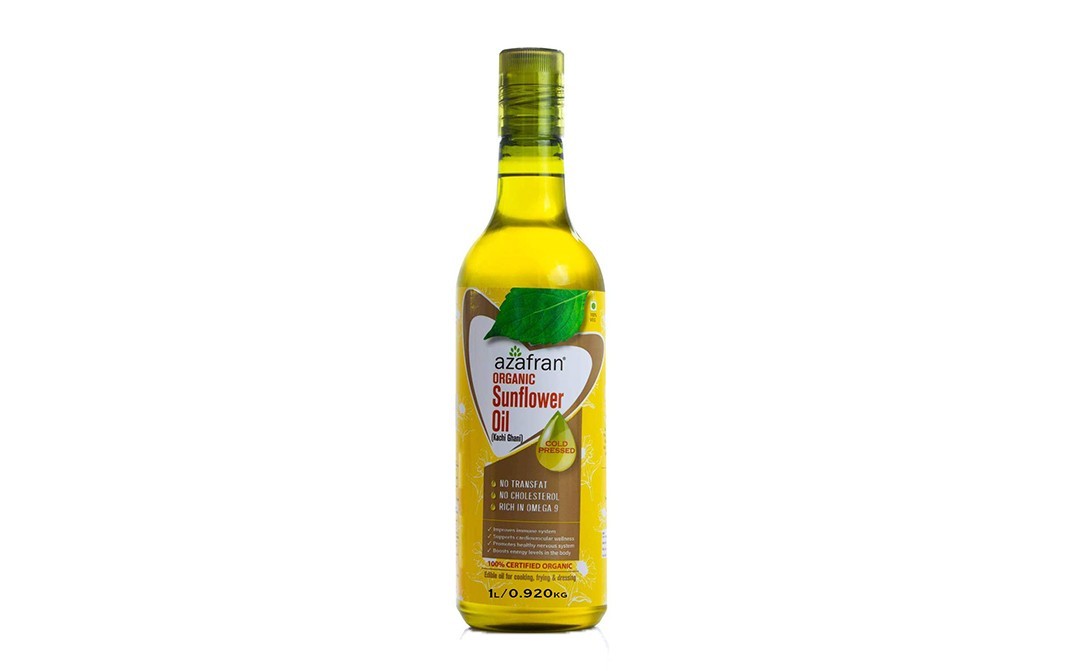 Azafran Organic Sunflower Oil Cold Pressed Kachi Ghani   Plastic Bottle  1 litre